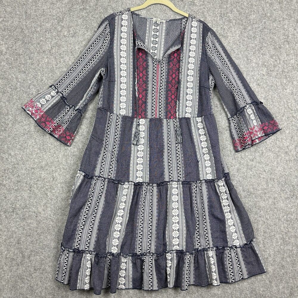 John Mark Embroidered Dress Womens M Tiered Floral Art Boho Flowy Midi Pockets